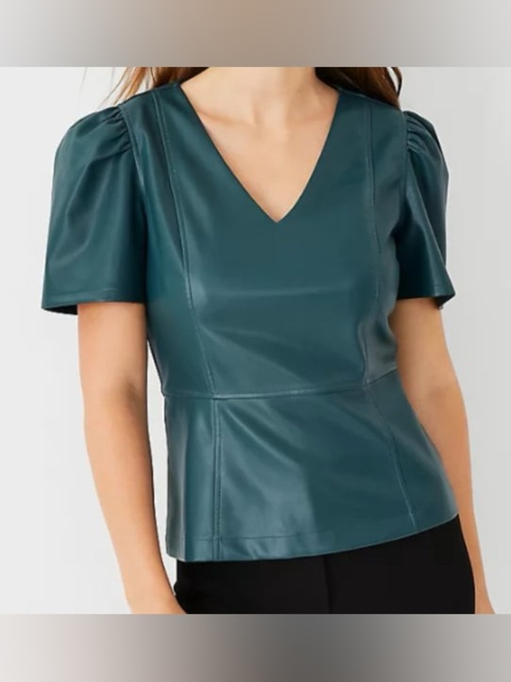 Teal Ann Taylor Faux Leather Puff Sleeve Peplum Top Medium